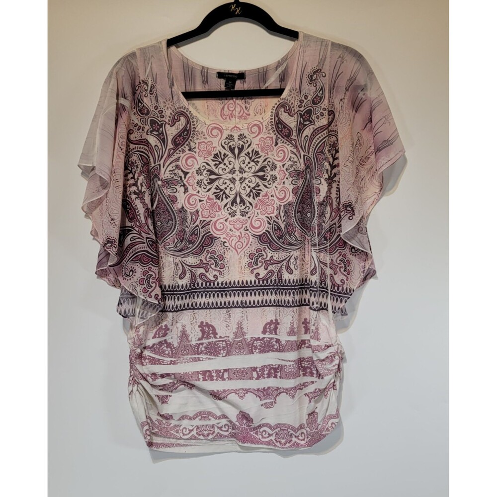 Espresso Pink & Purple Paisley‎ Print Ruched Sides Flutter Sleeve Top Size M